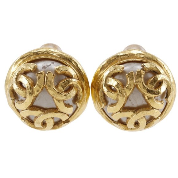 CHANEL Triple COCO Mark Earrings, Gold Plated x Fake Pearl, 1994, 94A, Approx. 2 - Picture 1 of 10